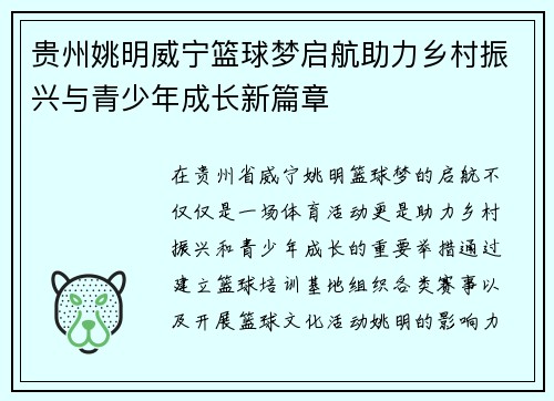 贵州姚明威宁篮球梦启航助力乡村振兴与青少年成长新篇章